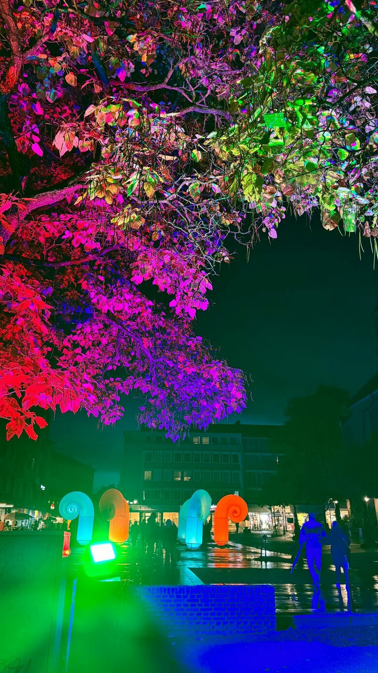 Farbig angeleuchteter Baum mit Lichtskulpturen im Hintergrund